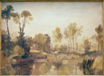 Haus am Fluss, mit Bäumen und Schafen